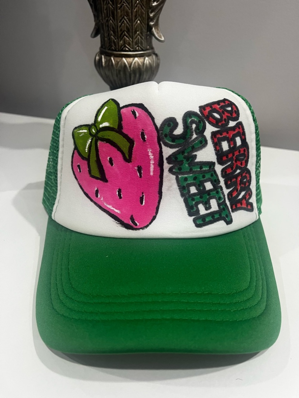 Hand Painted Green Trucker Hat with Pink Strawberry "Berry Sweet"